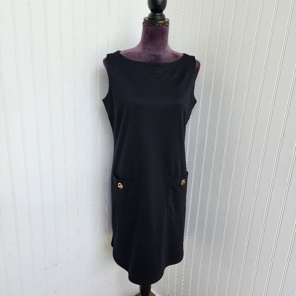 Madison Womens Black Sleeveless Jersey Dress Shift Gold Detail Pockets Zip Sz M
